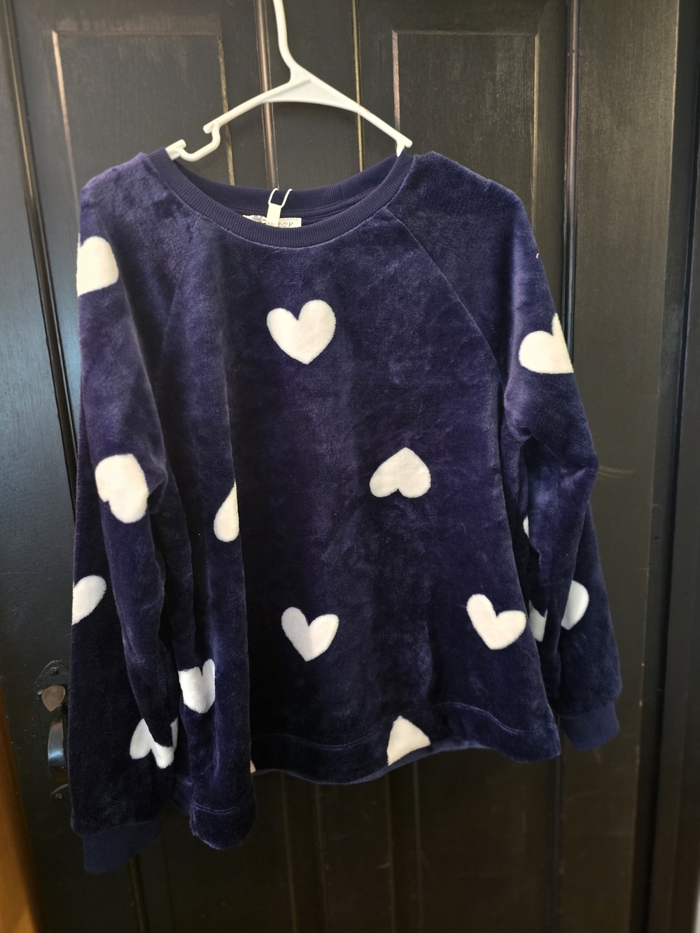 Navy Blue Plush Heart Pullover with White Hearts